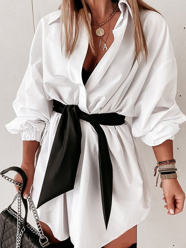 Elasticity Tied Waist Long Sleeves Loose Lapel Shirt Dress Mini Dresses