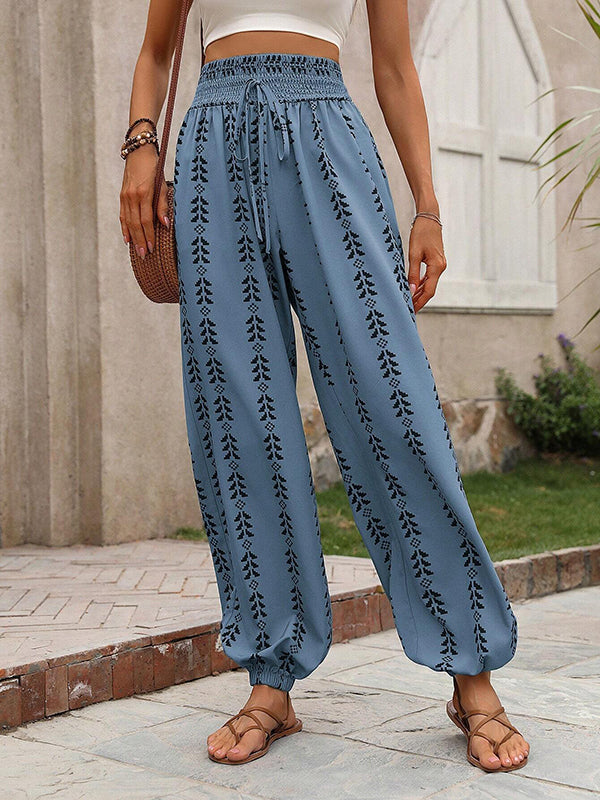 Drawstring Elasticity Pleated Printed High Waisted Loose Trousers Pants Knickerbockers