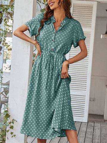 Buttoned Drawstring Polka-Dot A-Line High Waisted V-Neck Shirt Dress Midi Dresses