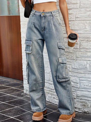 Pleated Pockets Split-Joint Loose Jean Pants Bottoms