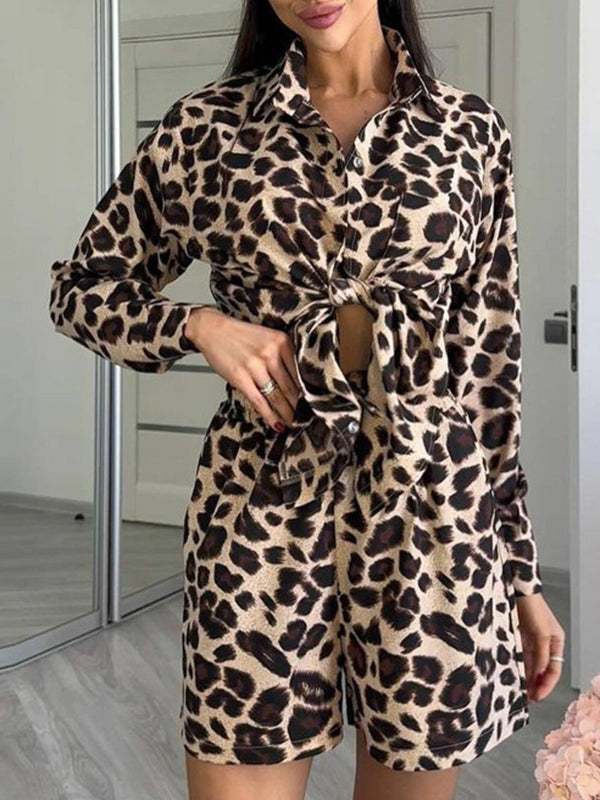 Long Sleeves Leopard Split-Joint Lapel Blouse + High Waisted Elasticity Shorts Trouser Two Pieces Set