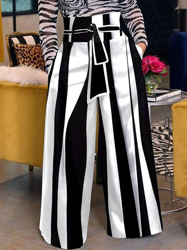 Striped Tied Waist High Waisted Loose Trousers Pants