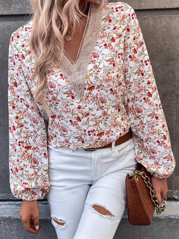 Elasticity Flower Print Split-Joint Long Sleeves Loose V-Neck Blouses&Shirts Tops