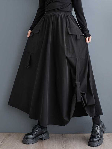 Elasticity Pleated Pockets Solid Color Split-Joint A-Line Loose Skirts Bottoms