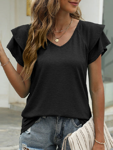 Double Layered Solid Color Split-Joint Loose Ruffle Sleeves Round-Neck T-Shirts Tops