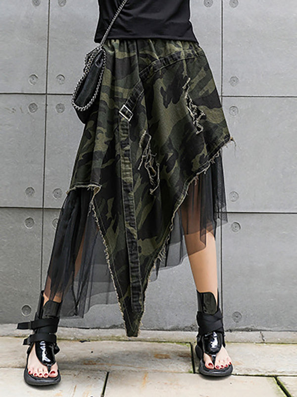 Asymmetric Camouflage Elasticity Fringed Mesh Split-Joint A-Line Loose Skirts Bottoms