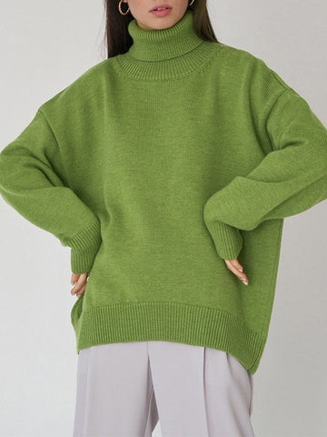 Solid Color Split-Joint High-Low Long Sleeves High Neck Sweater Tops