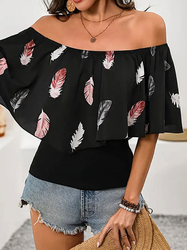 Leaves Print Pleated Split-Joint Half Sleeves Loose Off-the-shoulder Blouses&shirts Tops