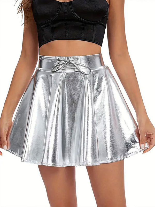 Pleated Shiny Solid Color Tied Waist A-line High Waisted Skirts Bottoms