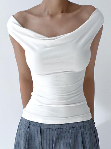 Backless Solid Color Split-Joint Tied Skinny Sleeveless Off-The-Shoulder T-Shirts Tops