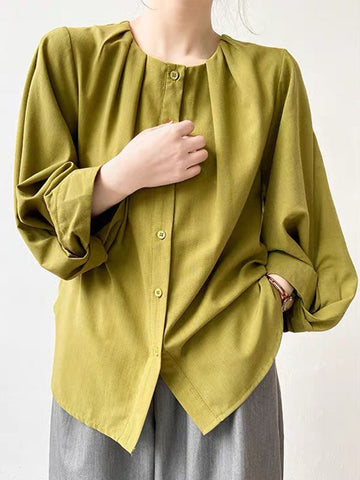 Pleated Solid Color Split-Joint Loose Puff Sleeves Round-Neck Blouses