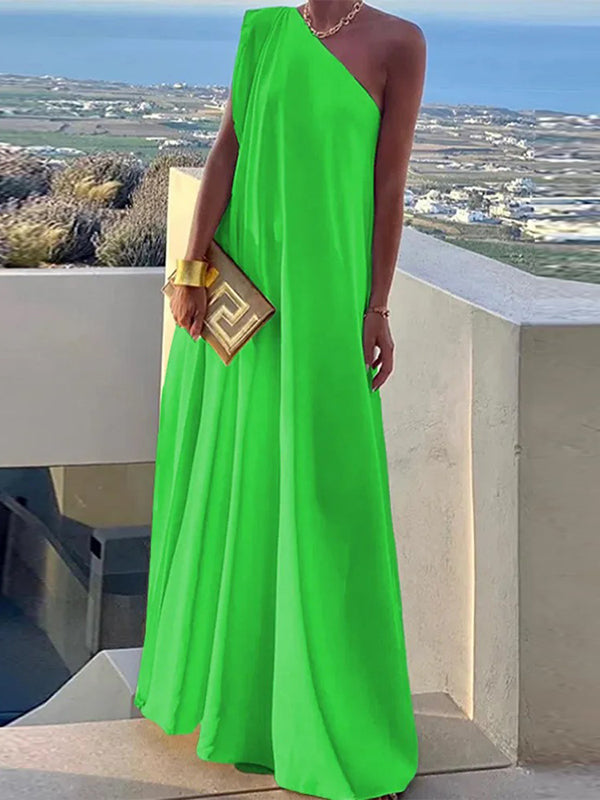 Asymmetric Solid Color Split-Joint Loose One-Shoulder Maxi Dresses