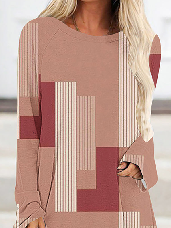 Contrast Color Printed Striped High-Low Long Sleeves Round-Neck T-Shirts Tops