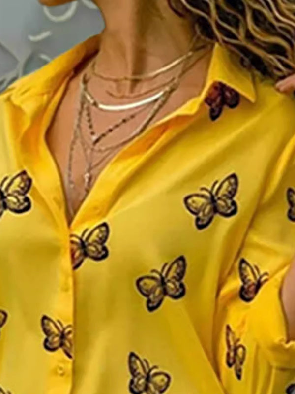 Butterfly Print Buttoned Split-Joint Long Sleeves Loose Lapel Blouses&Shirts Tops