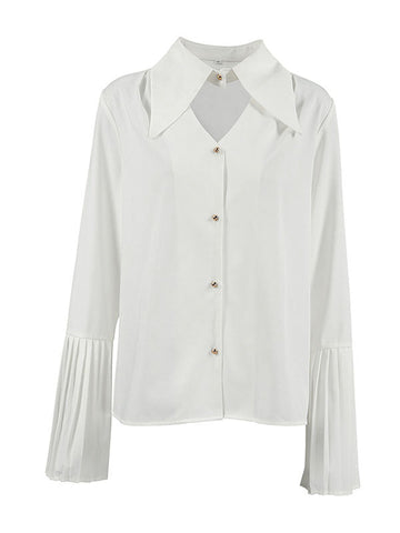 Buttoned Hollow Pleated Split-Joint Flared Sleeves Long Sleeves Lapel Blouses&Shirts Tops