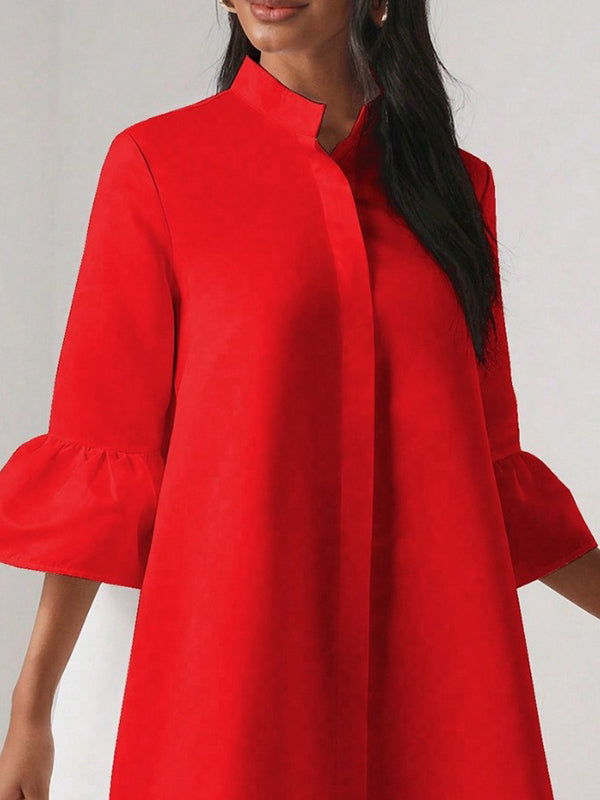 Solid Color Flared Sleeves Loose Stand Collar Mini Dresses