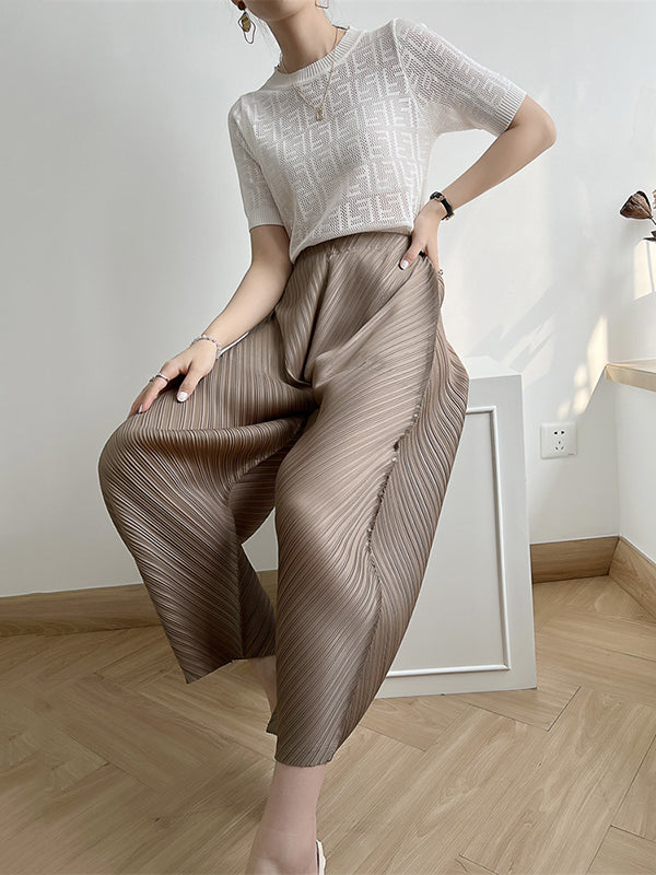 Elasticity Pleated Solid Color Split-Joint Harem Pants High Waisted Trousers Pants Ninth Pants