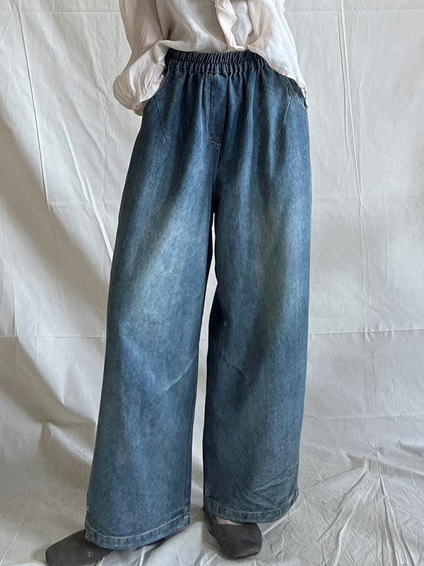 Contrast Color Elasticity Pockets Relaxed Fit Wide Leg Jean Pants Bottoms