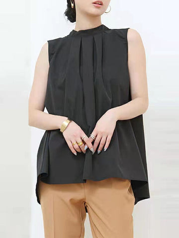 Lace-Up Pleated Solid Color Split-Joint Streamer High-low Loose Stand Collar Vest Top