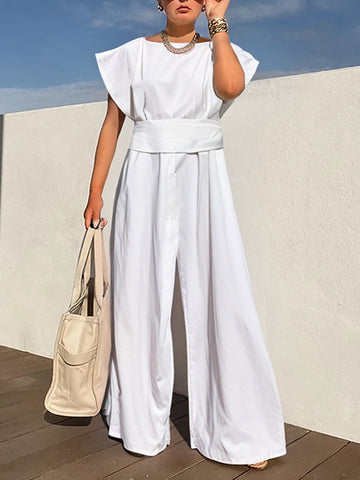 Pleated Solid Color Split-Joint Zipper Loose Raglan Sleeve Round-Neck Jumpsuits