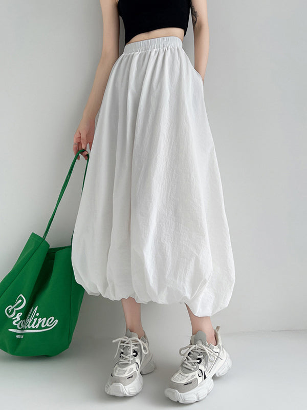 Elasticity Pleated Pockets Solid Color A-Line Loose Skirts Bottoms