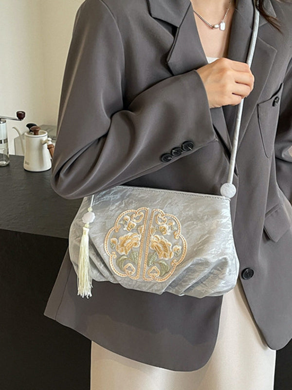 Embroidered Pleated Tasseled Zipper Crossbody Bags