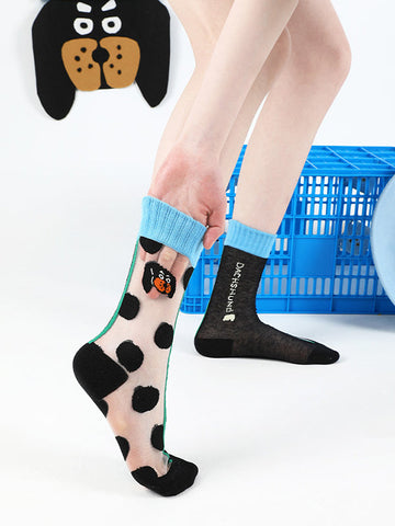 Black Breathable Cartoon Dog Contrast Color Multi-Colored Plaid Socks Accessories