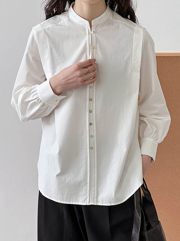 Buttoned Split-Joint Long Sleeves Loose Round-Neck Blouses&Shirts Tops