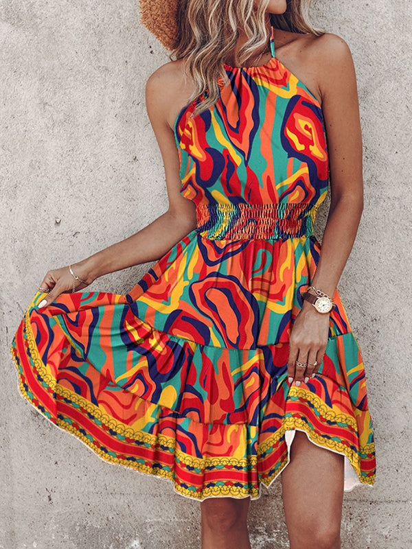 Color-Block Contrast Color Elasticity Split-Joint Loose Sleeveless Halter-Neck Mini Dresses