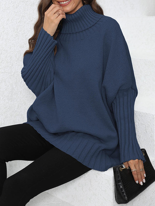 Pleated Solid Color Split-Joint Long Sleeves Loose High Neck Sweater Tops