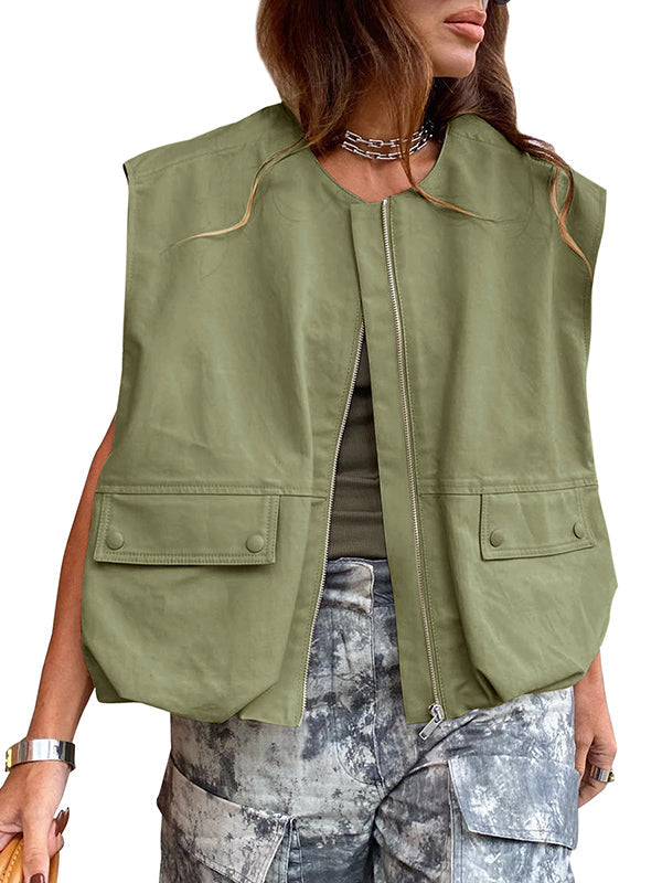 Pockets Split-Joint Zipper Loose Sleeveless Round-Neck Vest Outerwear