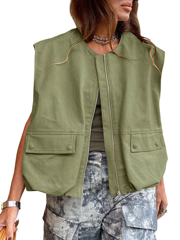 Pockets Split-Joint Zipper Loose Sleeveless Round-Neck Vest Outerwear