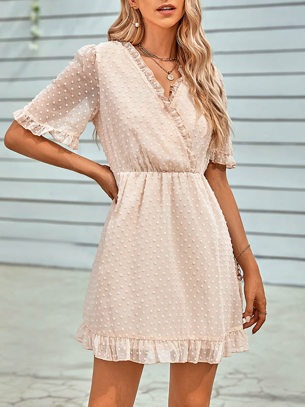 Jacquard Ruffled Solid Color A-Line Loose V-Neck Mini Dresses