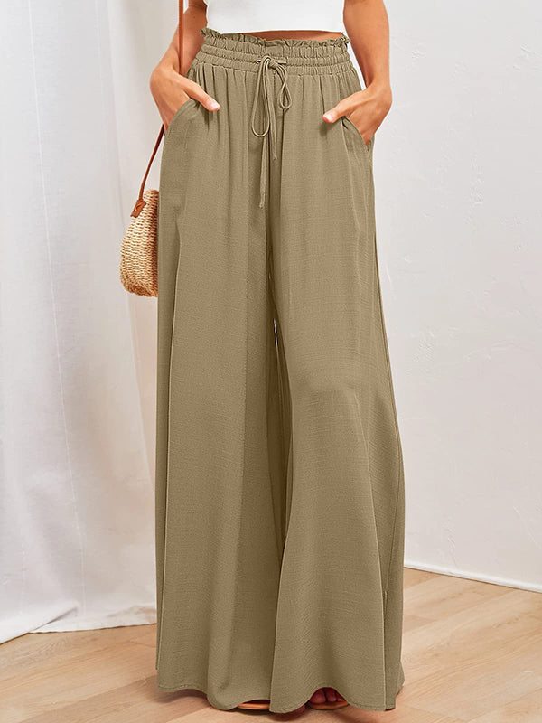 Drawstring Elasticity Pleated Pockets Solid Color High Waisted Loose Trousers Pants