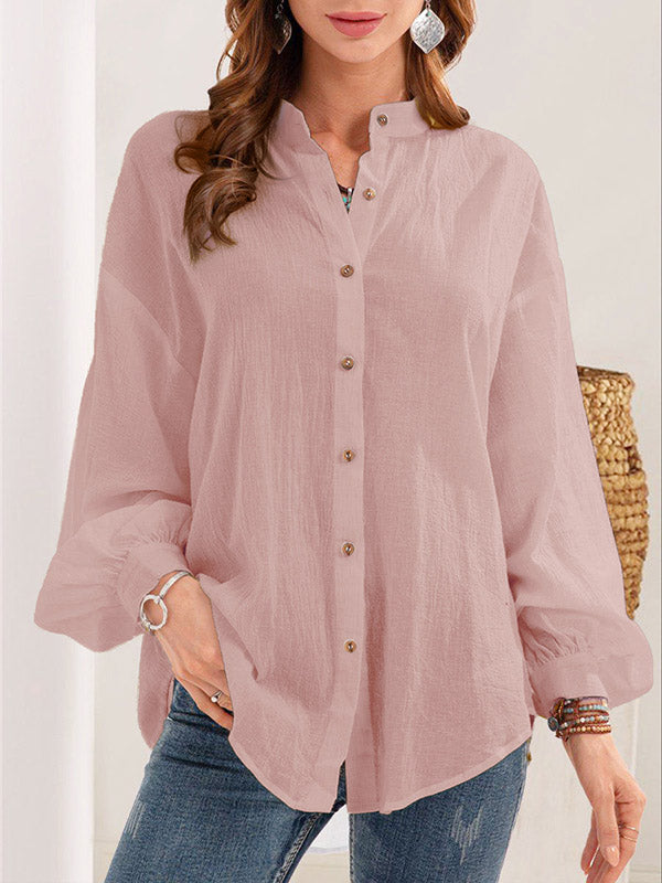 Buttoned Long Sleeves Loose Mock Neck Blouses&Shirts Tops