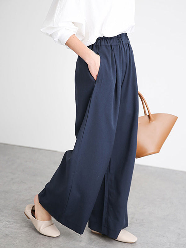 Elasticity Solid Color Split-Joint Wide Side High Waisted Wide Leg Trousers Pants