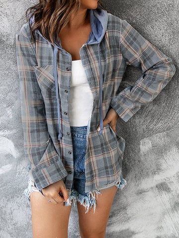 Buttoned Drawstring Plaid Pockets Split-Joint Hooded Long Sleeves Blouses&Shirts Tops