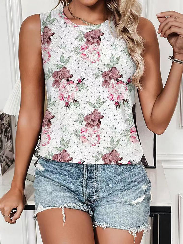 Flower Print Split-Joint Loose Sleeveless Round-Neck Vest Top