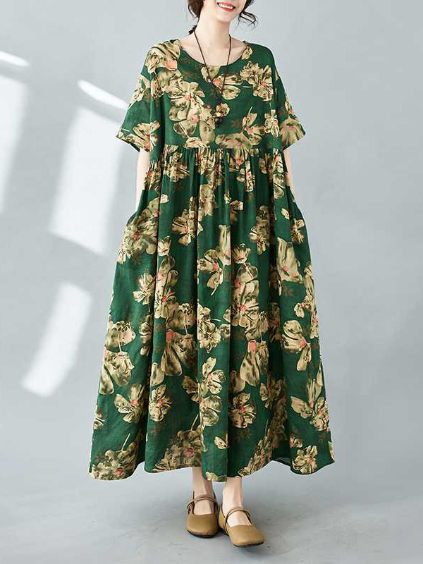 Flower Print Pleated Pockets Half Sleeves Loose Round-neck Midi Dresses