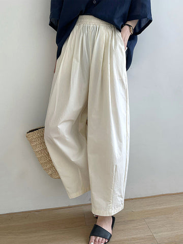 Elasticity Pleated Pure Color Split-Joint High Waisted Roomy Trousers Pants