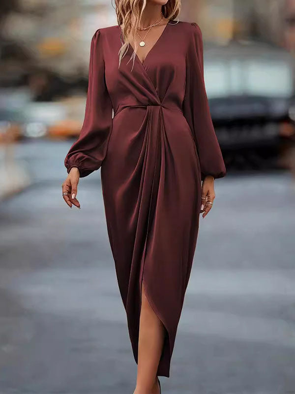 Pleated Solid Color Split-Joint Loose Puff Sleeves V-neck Midi Dresses