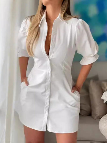 Solid Color Split-Joint Puff Sleeves Short Sleeves Lapel Shirt Dress Mini Dresses