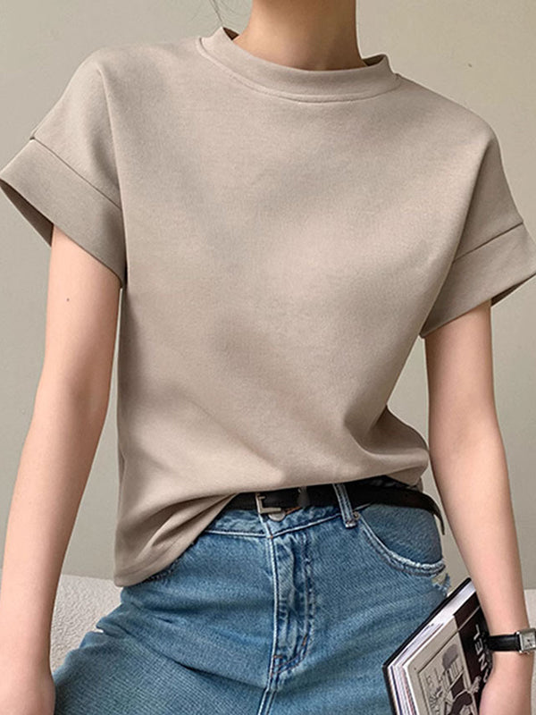 Solid Color Loose Short Sleeves Round-Neck T-Shirts Tops