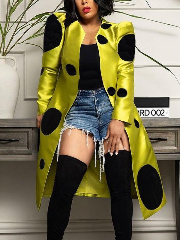 Pleated Polka-Dot Split-Joint Long Sleeves Loose Round-Neck Outerwear