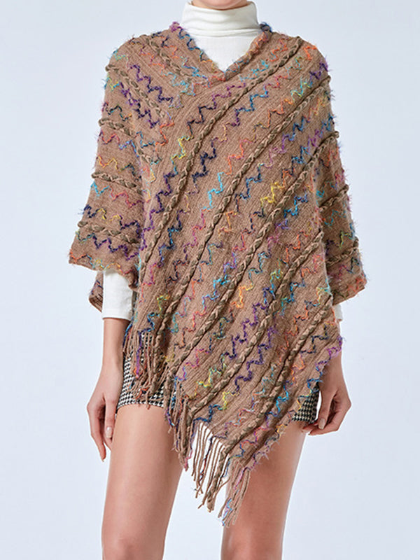 Asymmetric Striped Tasseled Loose V-Neck Shawl&Cloak Cape