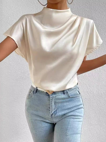 Pleated Solid Color Loose Short Sleeves Mock Neck T-Shirts Tops