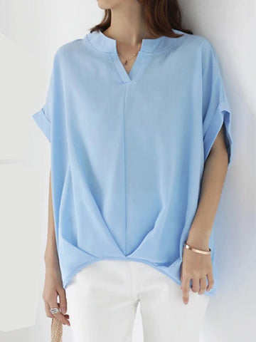 Pleated Solid Color Split-Joint Batwing Sleeves Loose Round-Neck Blouses&Shirts Tops