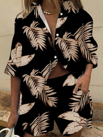 Buttoned Elasticity Leaves Print Pockets Loose Three-Quarter Sleeves Lapel Two Pieces Set