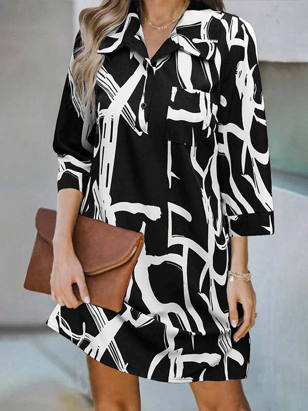 Buttoned Printed Loose Nine-Minute Sleeve Lapel Mini Dresses