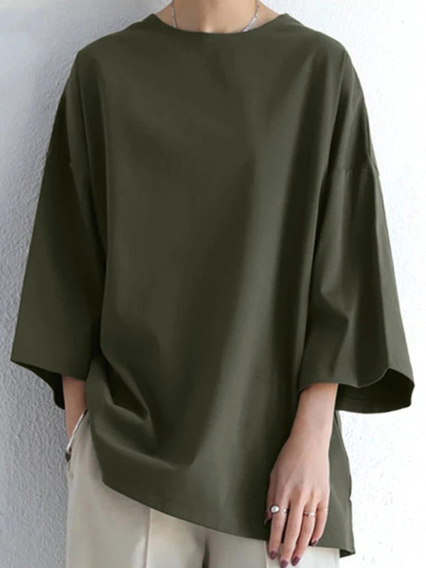 Solid Color Flared Sleeves Long Sleeves Round-Neck T-Shirts Tops